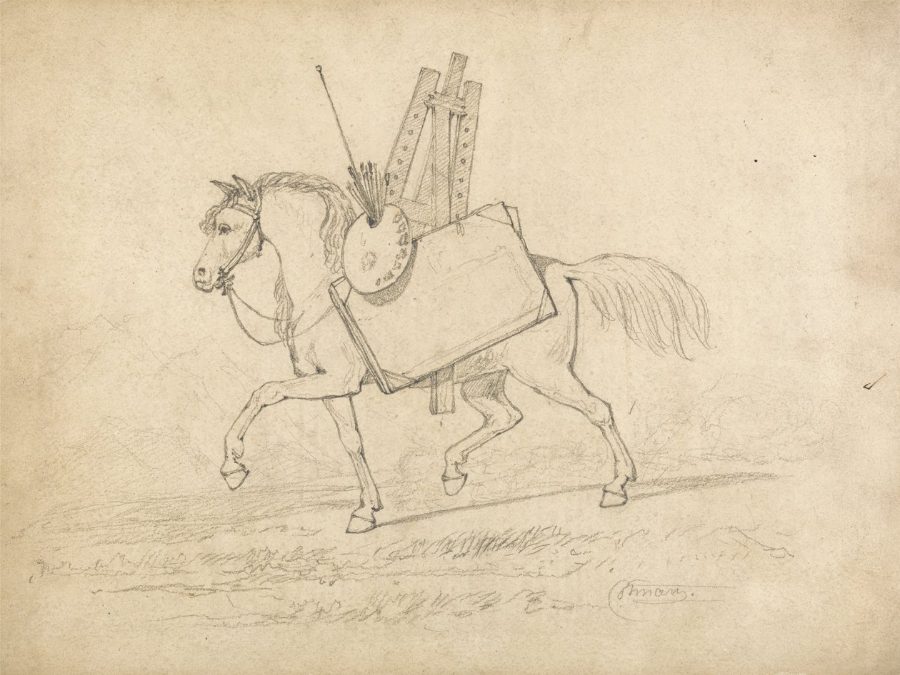 Koń załadowany akcesoriami Artysty, idąc w lewo (grafit na papierze) autorstwa John Sell Cotman