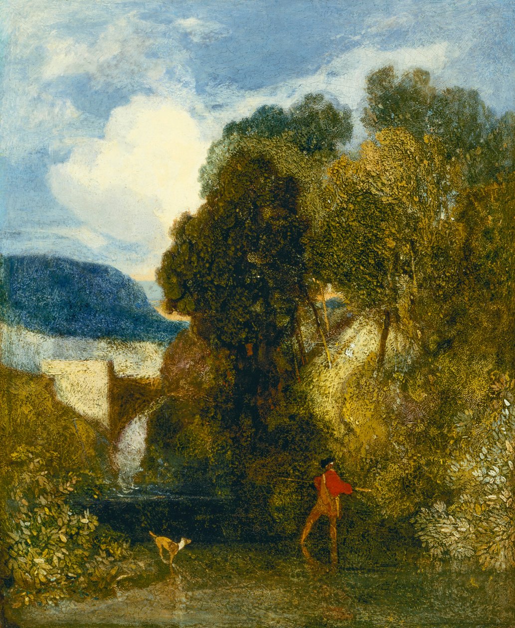 Pejzaż rzeczny z wędkarzem i jego psem (olej na płótnie) autorstwa John Sell Cotman