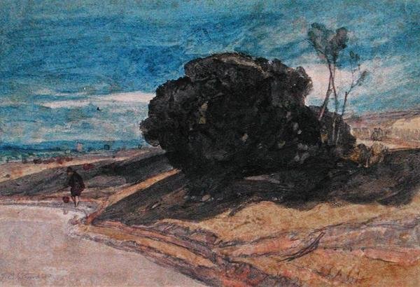 Wędkarz na brzegu rzeki w pobliżu kępy drzew (akwarela na papierze) autorstwa John Sell Cotman