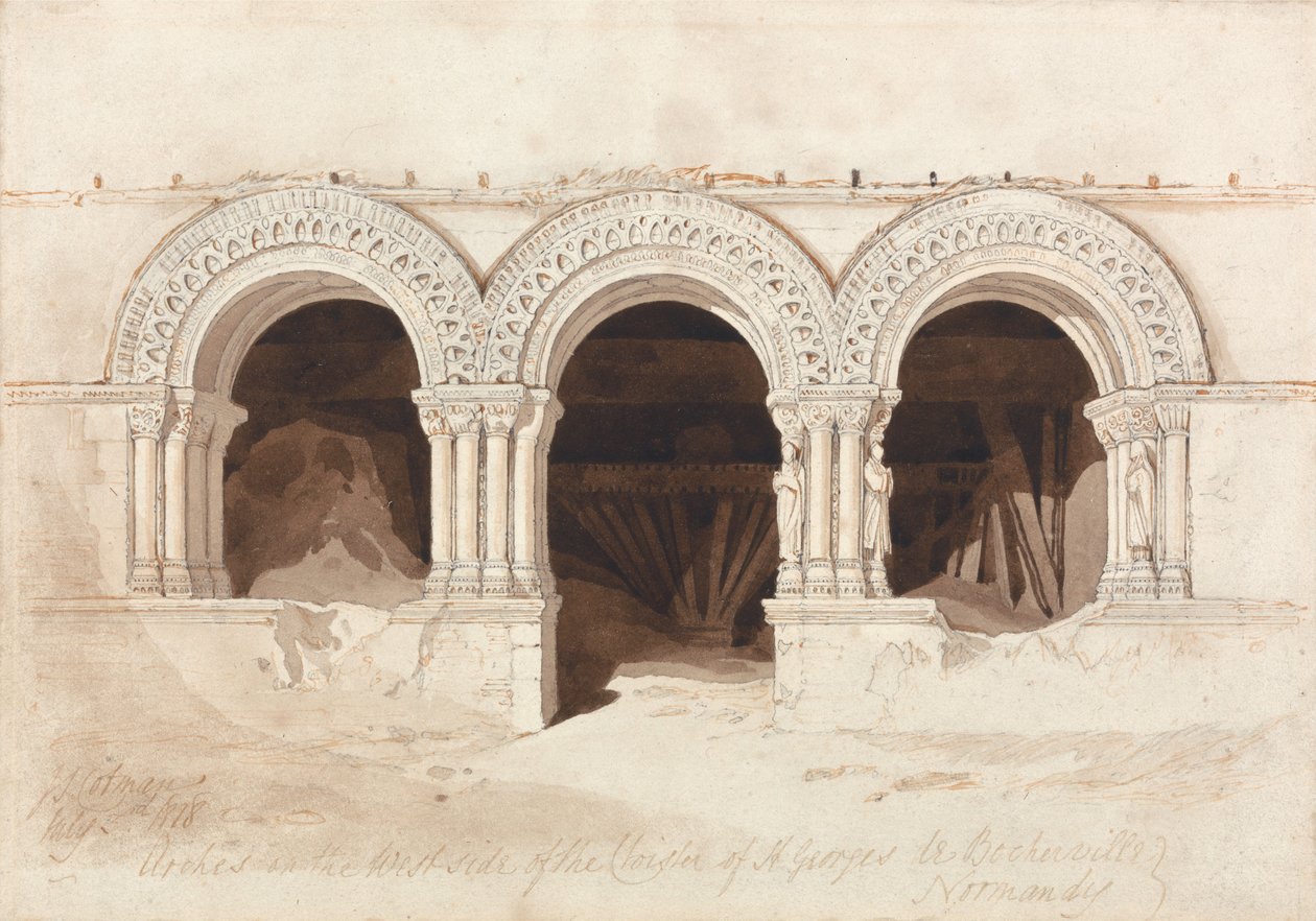 Arkady po zachodniej stronie krużganka Saint-Georges-de-Bocherville, niedaleko Rouen w Normandii autorstwa John Sell Cotman
