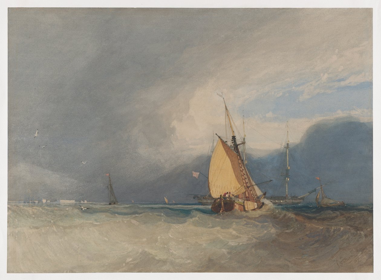 Łodzie u wybrzeża, nadciągająca burza autorstwa John Sell Cotman