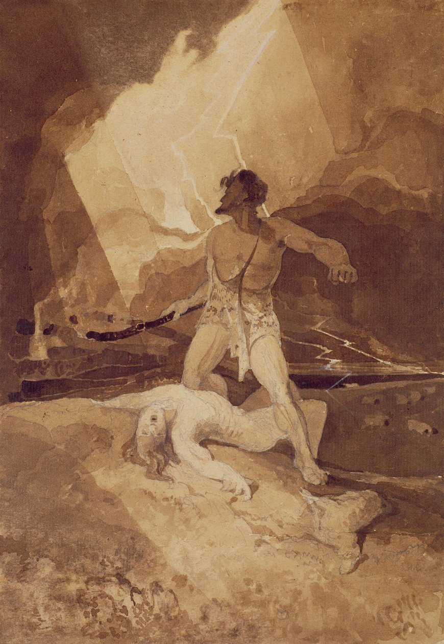 Kain i Abel, 1800-03 (sepia rozmycie na czarnym ołowiu) autorstwa John Sell Cotman