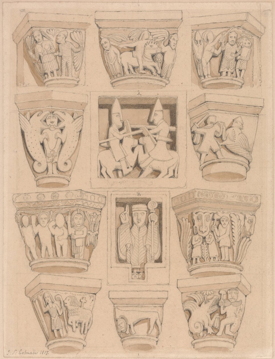 Kapitele i A amp; B Bas-Reliefy w kościele opactwa Saint Georges de Bocherville, niedaleko Rouen, Normandia autorstwa John Sell Cotman