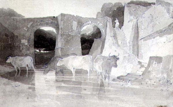 Bydło w rzece (pióro i atrament i pranie) na papierze autorstwa John Sell Cotman