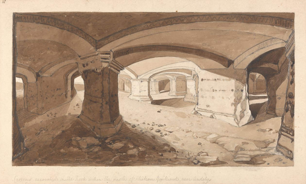Jaskinie wykopane w skale w zamku Chateau Gaillard, niedaleko Andelys w Normandii autorstwa John Sell Cotman