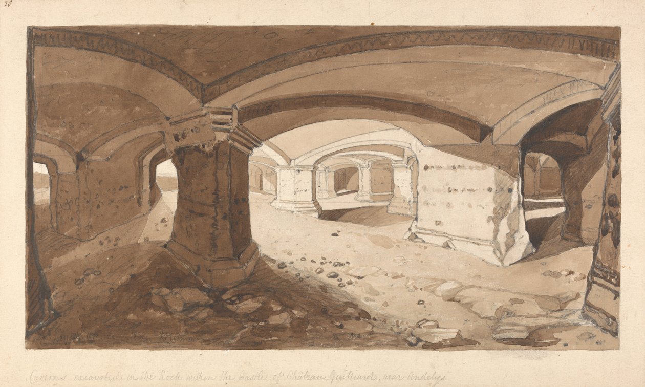 Jaskinie wykopane w skale w zamku Chateau Gaillard, w pobliżu Andelys, Normandia autorstwa John Sell Cotman