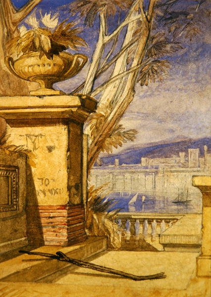 Klasyczny pejzaż z urną: projekt frontyspisu (ołówek i akwarela na papierze) autorstwa John Sell Cotman