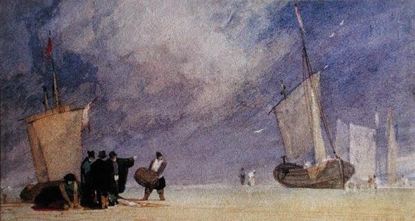 Figury z brzegu rozładowujące łódź podczas odpływu (długopis i brązowy atrament oraz akwarela na papierze) autorstwa John Sell Cotman