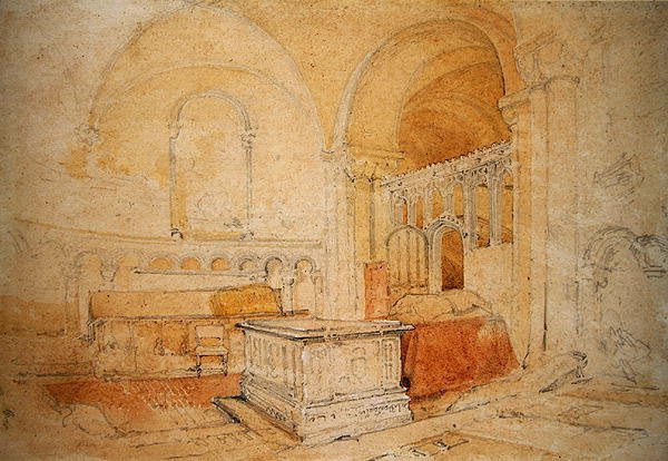 Wnętrze katedry w Norwich (ołówek i akwarela na papierze) autorstwa John Sell Cotman