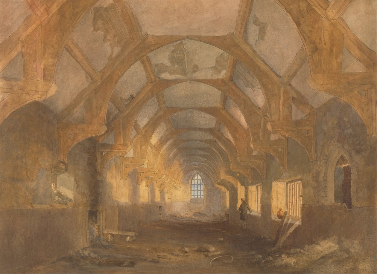 Wnętrze dormitorium w Ipswich Blackfriars pod koniec okresu zajmowania go przez Ipswich School autorstwa John Sell Cotman
