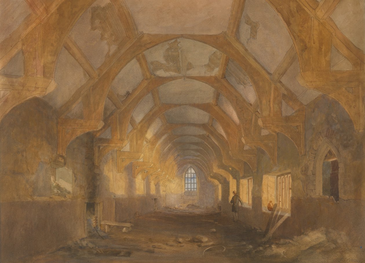 Wnętrze dormitorium w Ipswich Blackfriars pod koniec okresu zajmowania go przez Ipswich School autorstwa John Sell Cotman