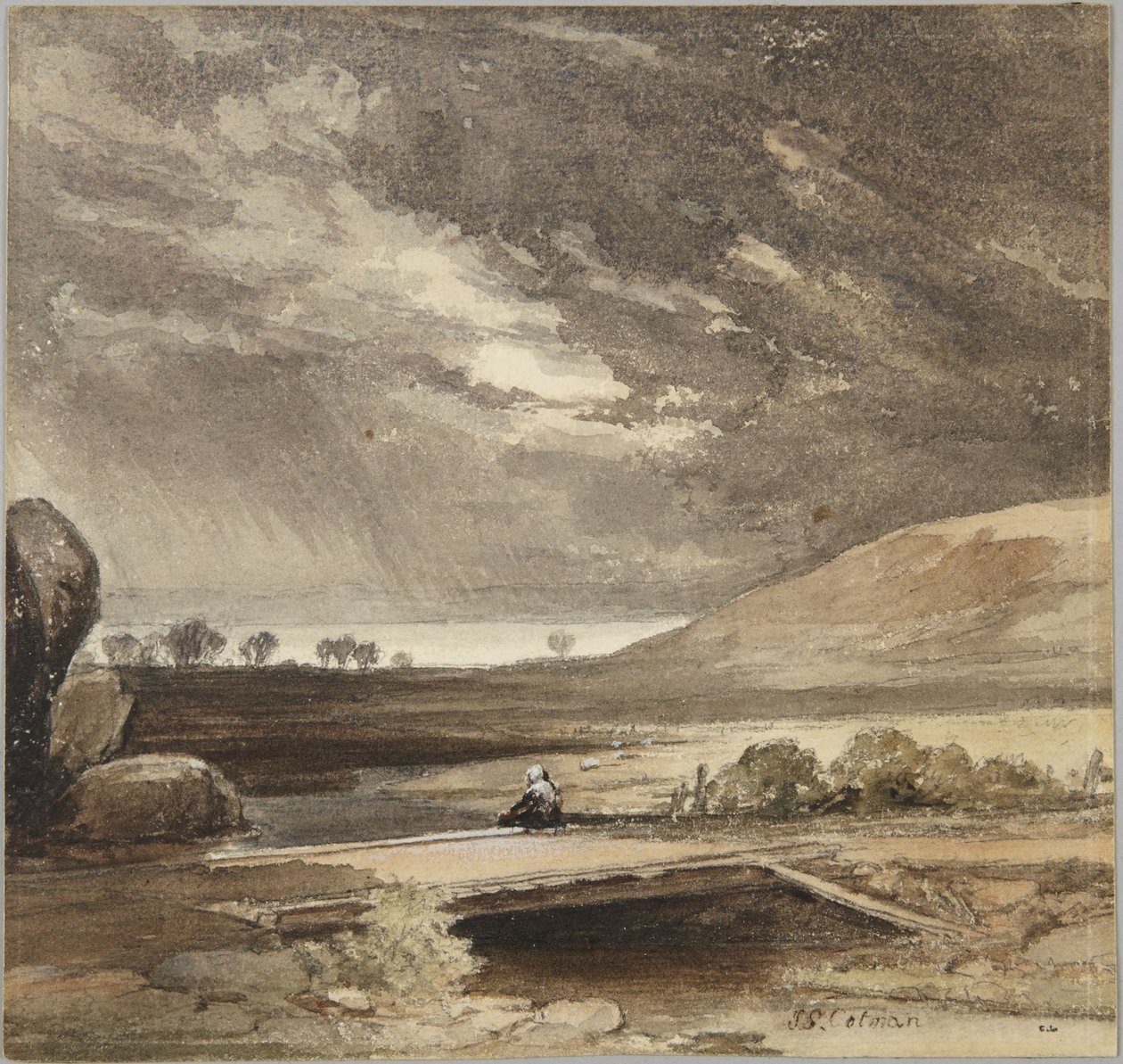 Pejzaż z burzowymi chmurami i mostem autorstwa John Sell Cotman