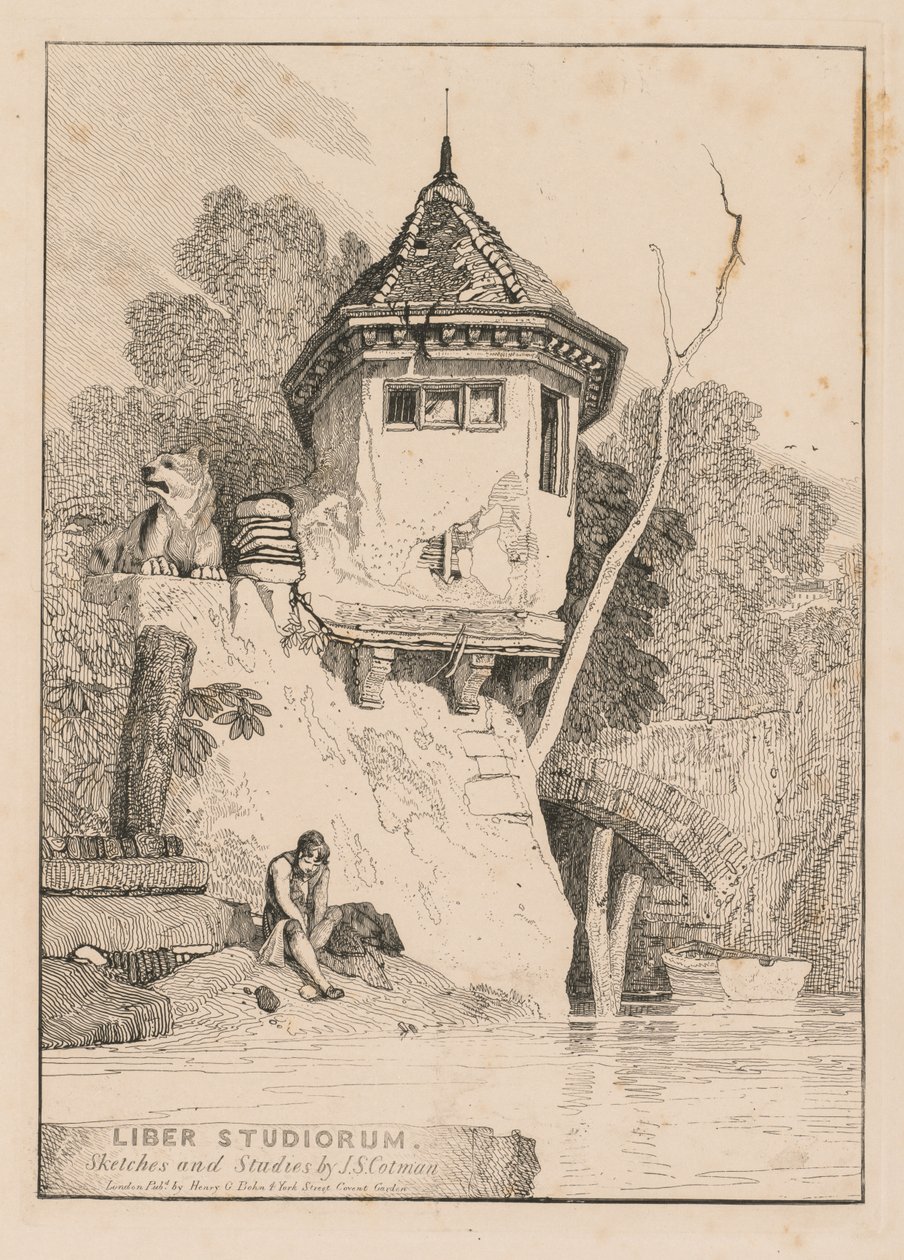 Liber Studiorum; Frontyspis, widok domku ogrodowego nad brzegiem rzeki Yare autorstwa John Sell Cotman