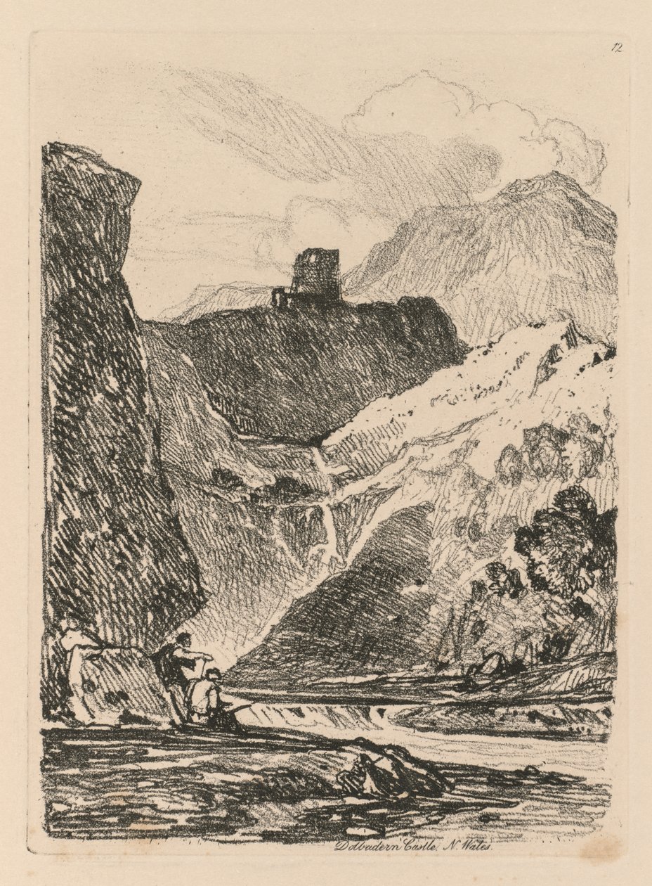 Liber Studiorum: Tablica 12, Zamek Dolbadern, jezioro Llanberris, Północna Walia, 1838. autorstwa John Sell Cotman