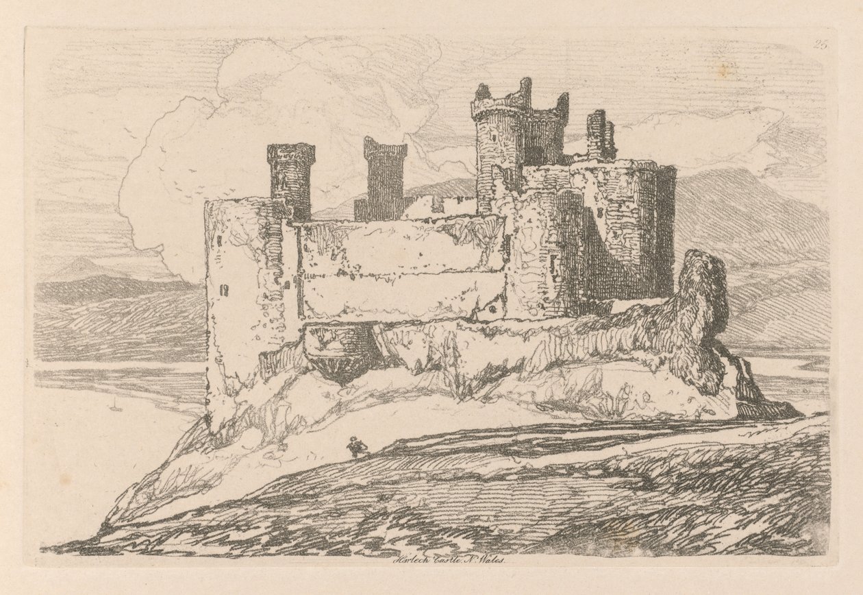 Liber Studiorum: Tablica 25, Zamek Harlech, Płn. Walia, 1838 autorstwa John Sell Cotman