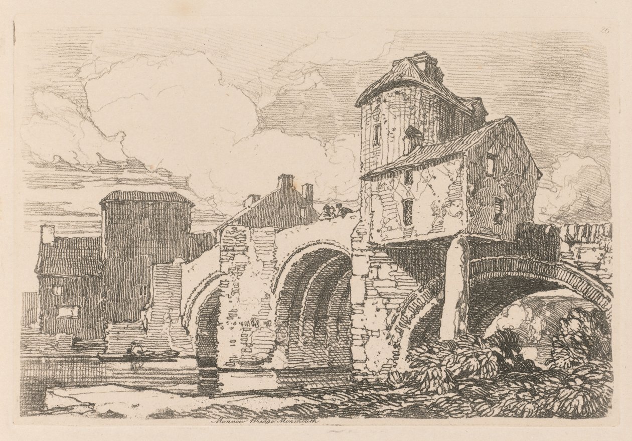 Liber Studiorum: Tablica 26, Monnow Bridge, Monmouthshire, 1838. autorstwa John Sell Cotman