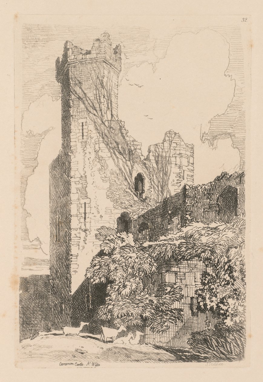 Liber Studiorum: Tablica 32, Zamek Caernarvon, Płn. Walia, 1838 r. autorstwa John Sell Cotman