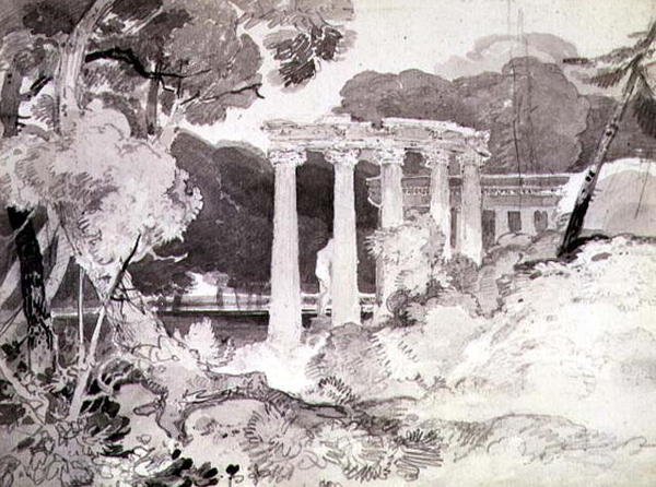 No.1539 Klasyczna kolumnada w leśnym pejzażu (ołówek i indyjskie mycie tuszem na papierze) autorstwa John Sell Cotman