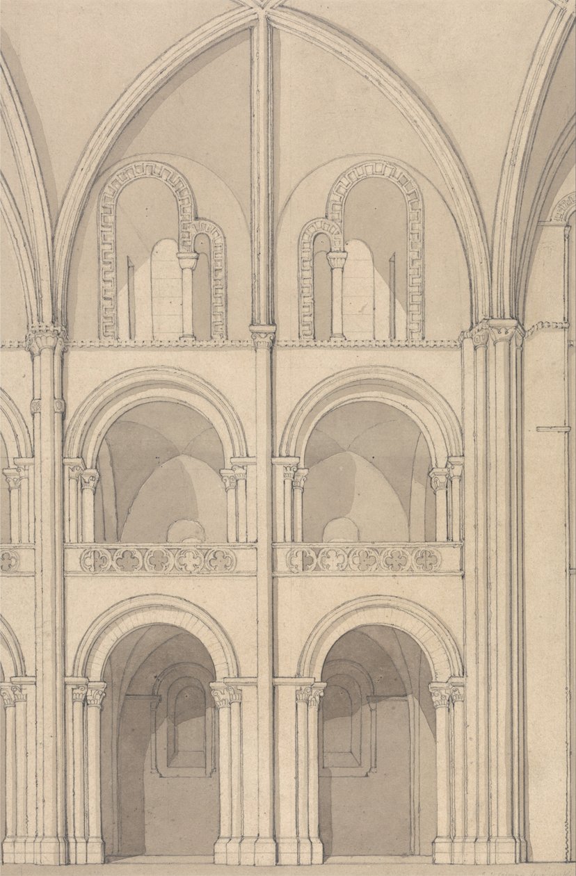 Perspektywiczna elewacja części kościoła opactwa św. Szczepana w Caen, Normandia autorstwa John Sell Cotman