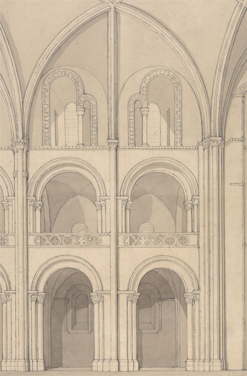 Perspektywiczny rysunek elewacji fragmentu kościoła opactwa św. Stefana w Caen w Normandii autorstwa John Sell Cotman