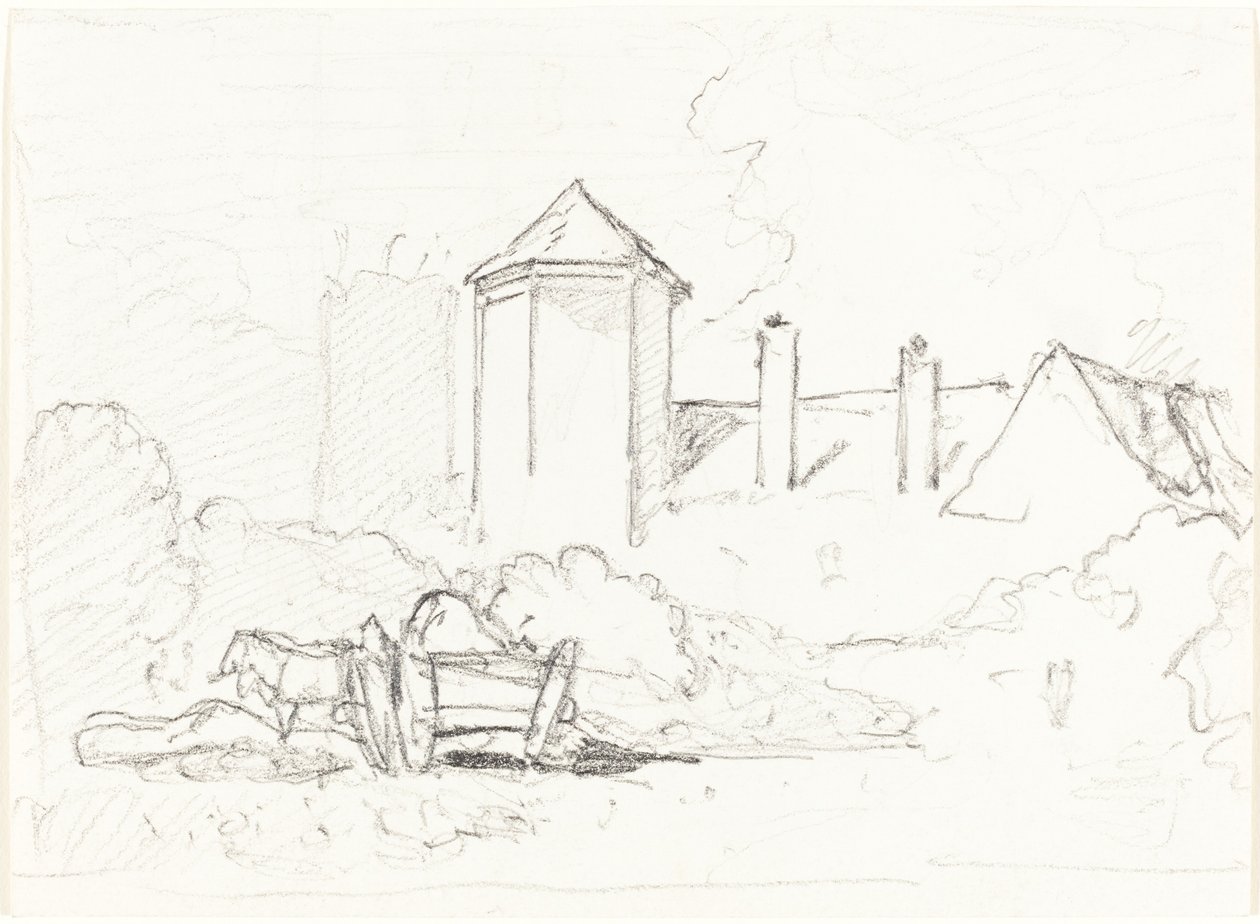 Szkic budynków z wózkiem i końmi na pierwszym planie autorstwa John Sell Cotman