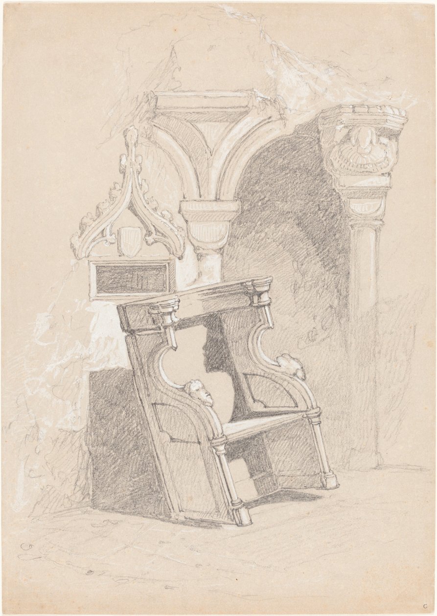 Szkic zrujnowanego wnętrza kościoła z krzesłem autorstwa John Sell Cotman