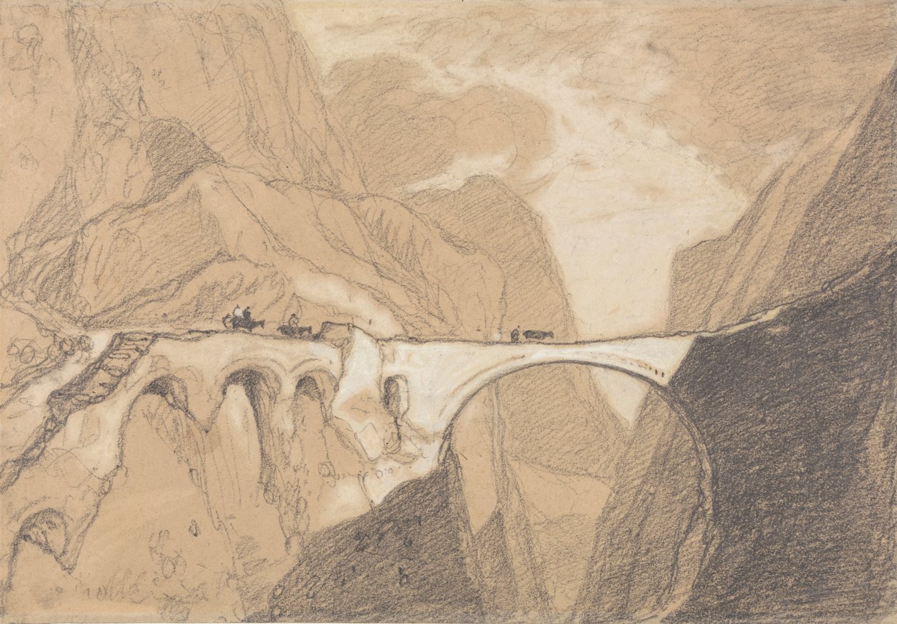 Podróżnicy przekraczający most nad alpejskim wąwozem autorstwa John Sell Cotman