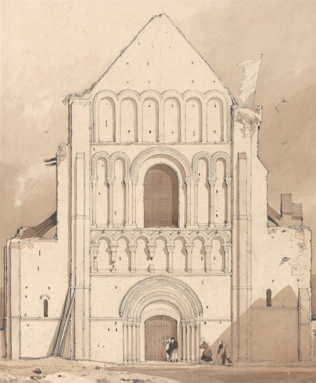 Zachodni front kościoła Oyestraham [Ouistreham], niedaleko Caen w Normandii autorstwa John Sell Cotman