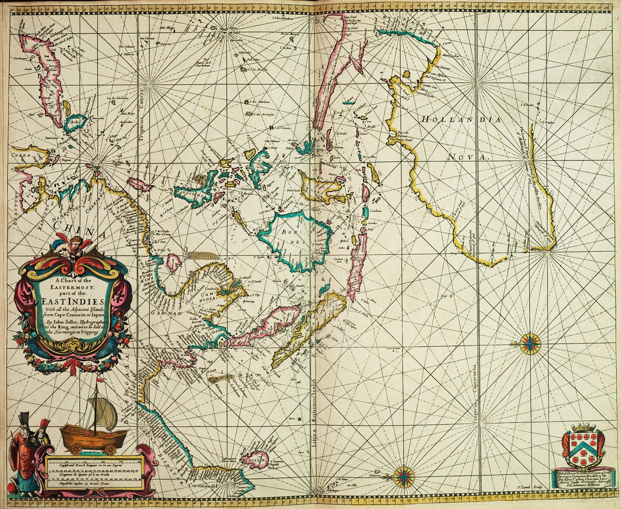 Mapa najbardziej wysuniętej na wschód części Indii Wschodnich ze wszystkimi przyległymi wyspami od Przylądka Komoryn do Japonii autorstwa John Seller