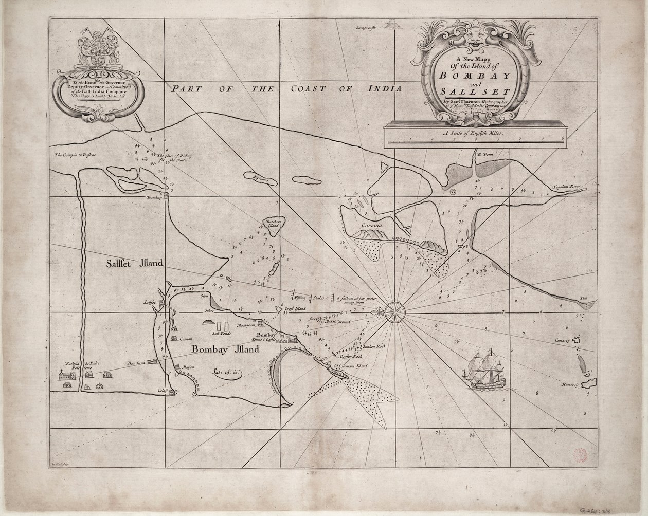 Mapa Bombaju i Sallsetu autorstwa Samuela Thorntona, hydrografa Kompanii Wschodnioindyjskiej, opublikowana po raz pierwszy około 1685 r. autorstwa John Seller