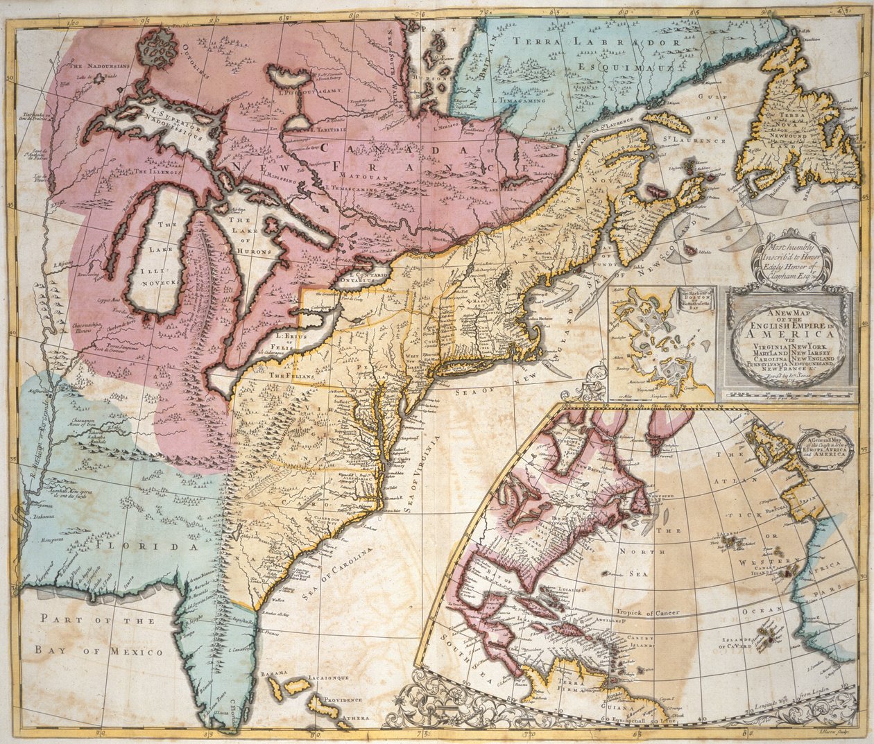 Mapa Ameryki i Kanady z „Nowego Atlasu Generalnego, zawierająca opis geograficzny i historyczny wszystkich imperiów, królestw i innych dominiów świata…” autorstwa John Senex