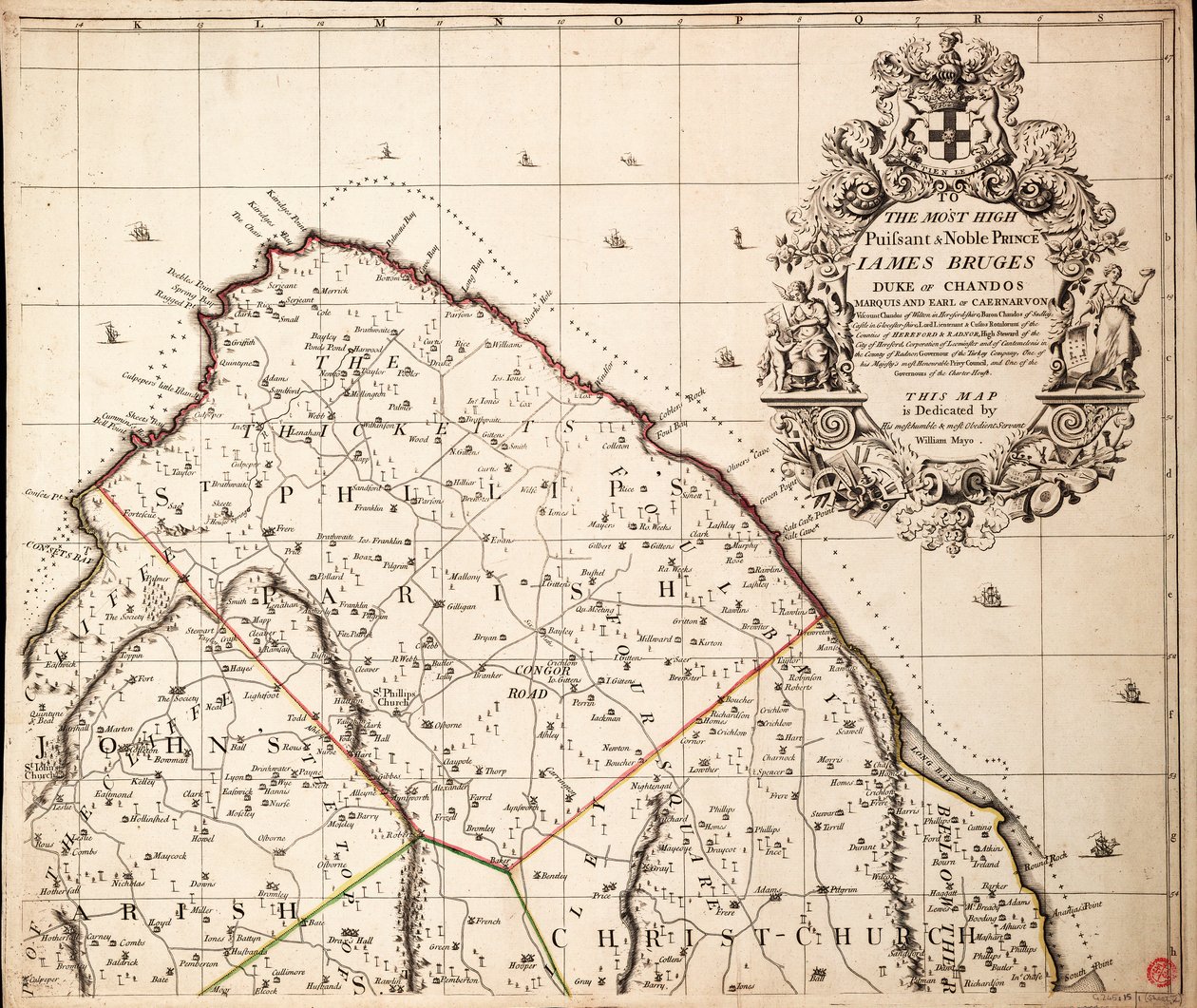 Nowa i dokładna mapa wyspy Barbados w Ameryce według badań przeprowadzonych w latach 1717-1721 przez Williama Mayo autorstwa John Senex