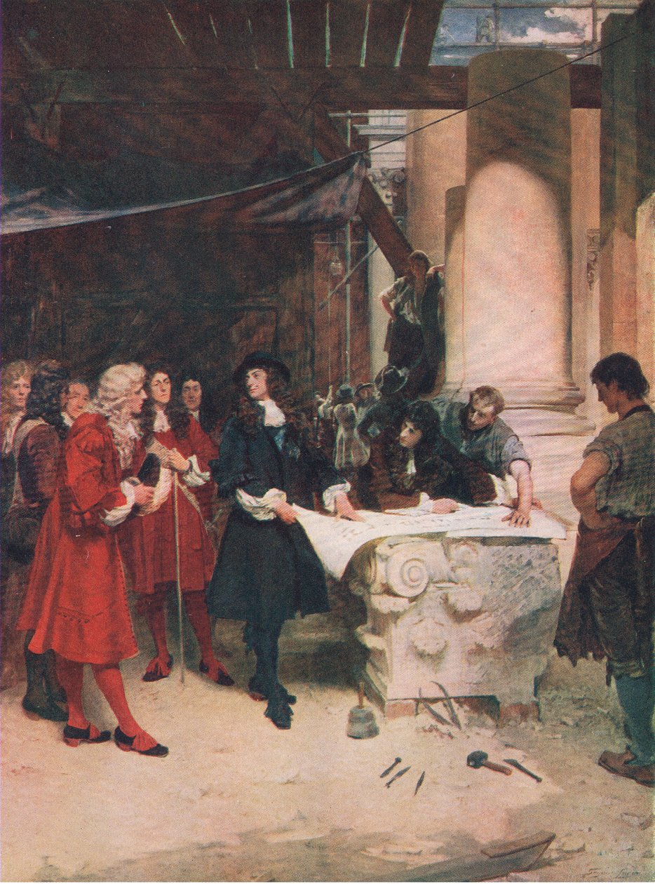 Wizyta króla Karola u Wrena podczas budowy St Pauls, ilustracja z Historii narodu brytyjskiego wydanej przez Waverley, c.1940 (lito) autorstwa John Seymour Lucas