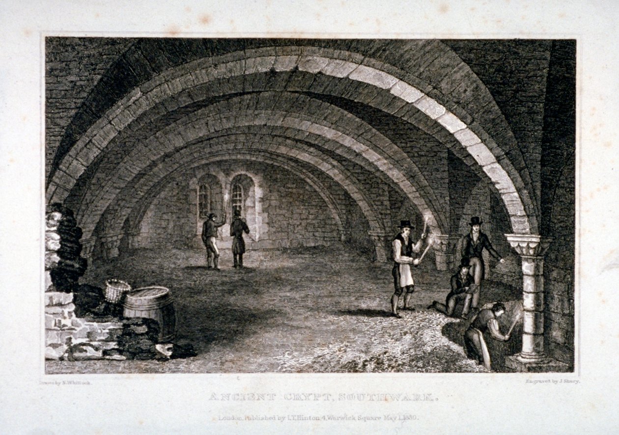 Widok wnętrza krypty, kościół św. Zbawiciela, Southwark, Londyn, 1830 r. autorstwa John Shury