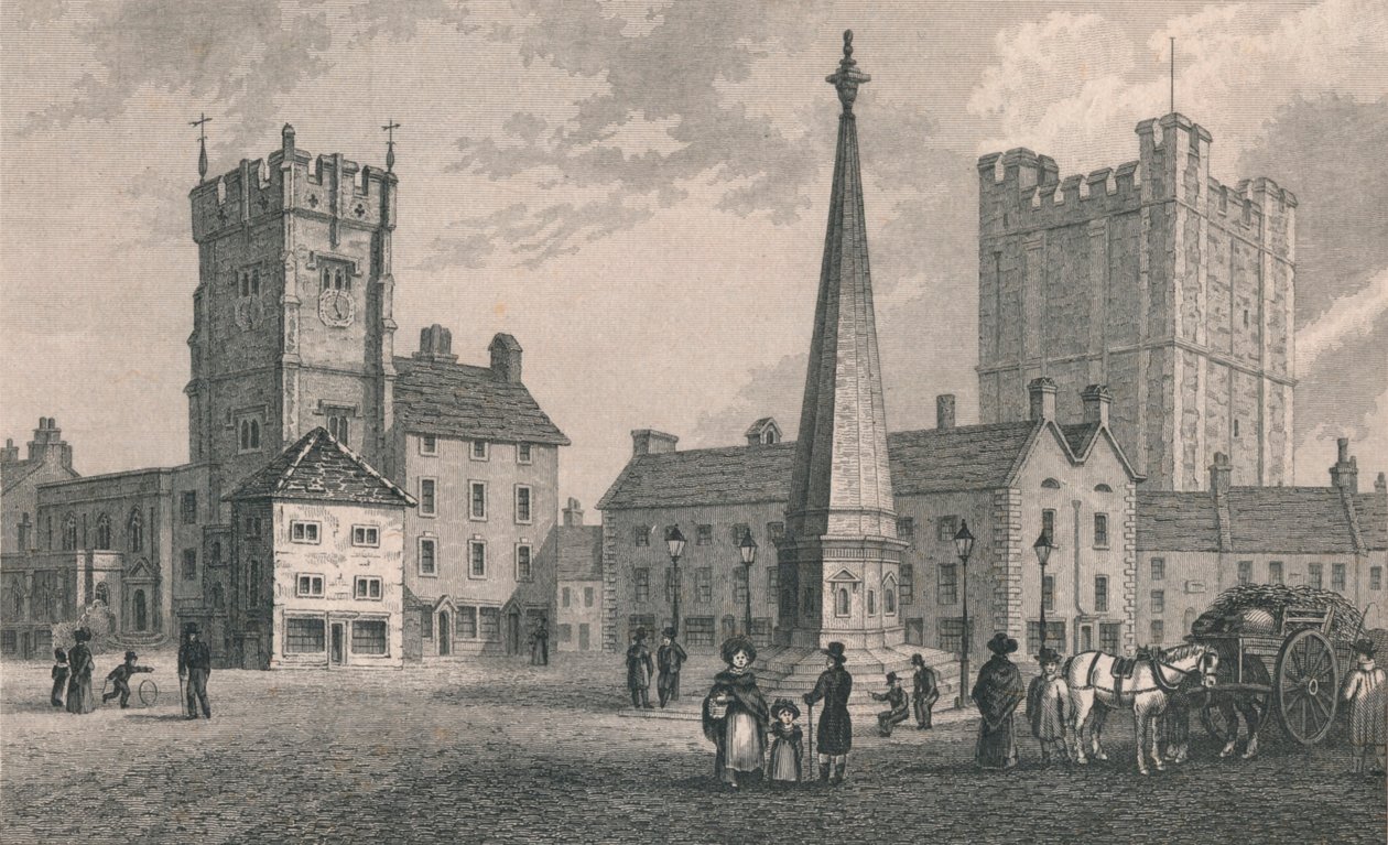 Market Place Richmond, Kościół Świętej Trójcy i Zamek Richmond, 1831 autorstwa John Shury