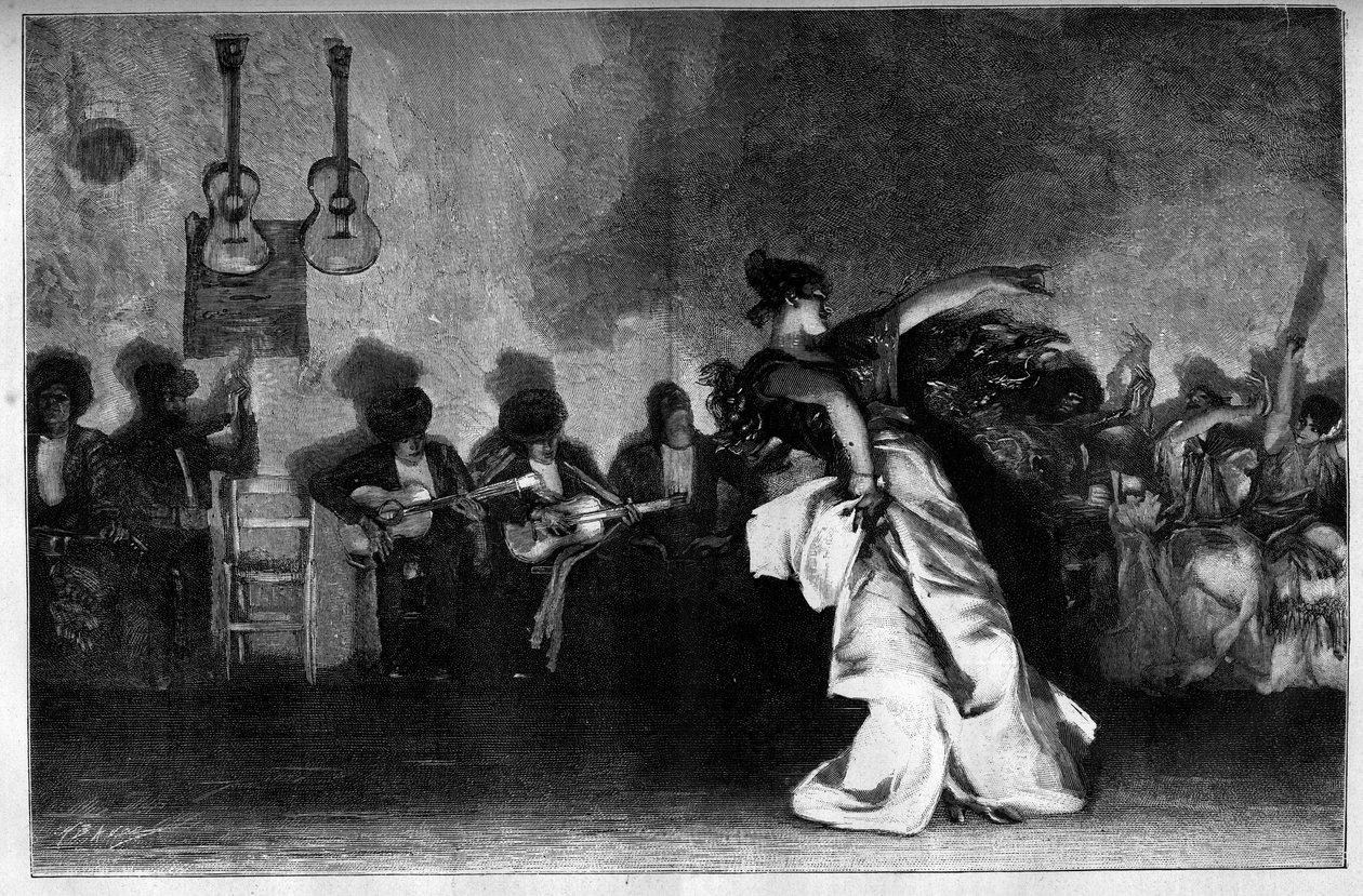 El Jaleo - Tańce cygańskie. Gitarzyści i tancerka flamenco. Grawerowanie według obrazu Johna Singera Sargenta (1856-1925) w „Świat ilustracyjny” nr 1335 z 28 października autorstwa John Singer (after) Sargent