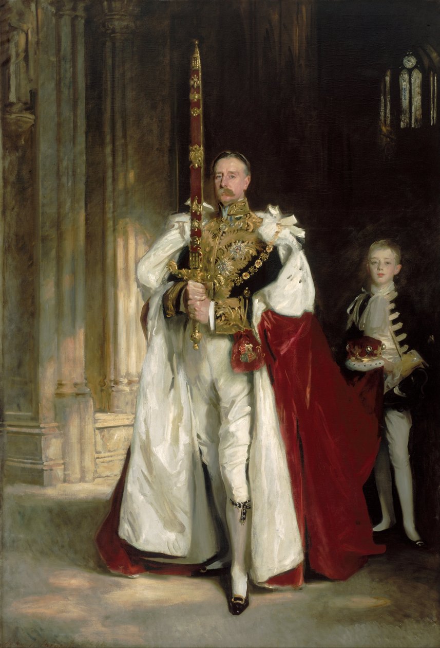 Charles Stewart, szósty markiz Londonderry, niosący Wielki Miecz Państwowy podczas koronacji króla Edwarda VII w sierpniu 1902 roku, oraz pan W. C. Beaumont, jego paź przy tej okazji autorstwa John Singer Sargent