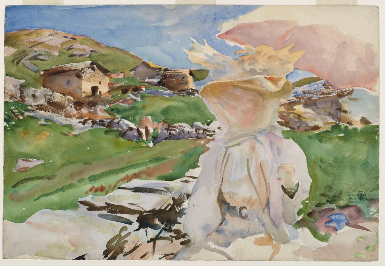 W przełęczy Simplon, 1909 (przezroczysta toaleta i akcenty nieprzezroczystej toalety i woskowej warstwy ochronnej z grafitowym podkładem) autorstwa John Singer Sargent