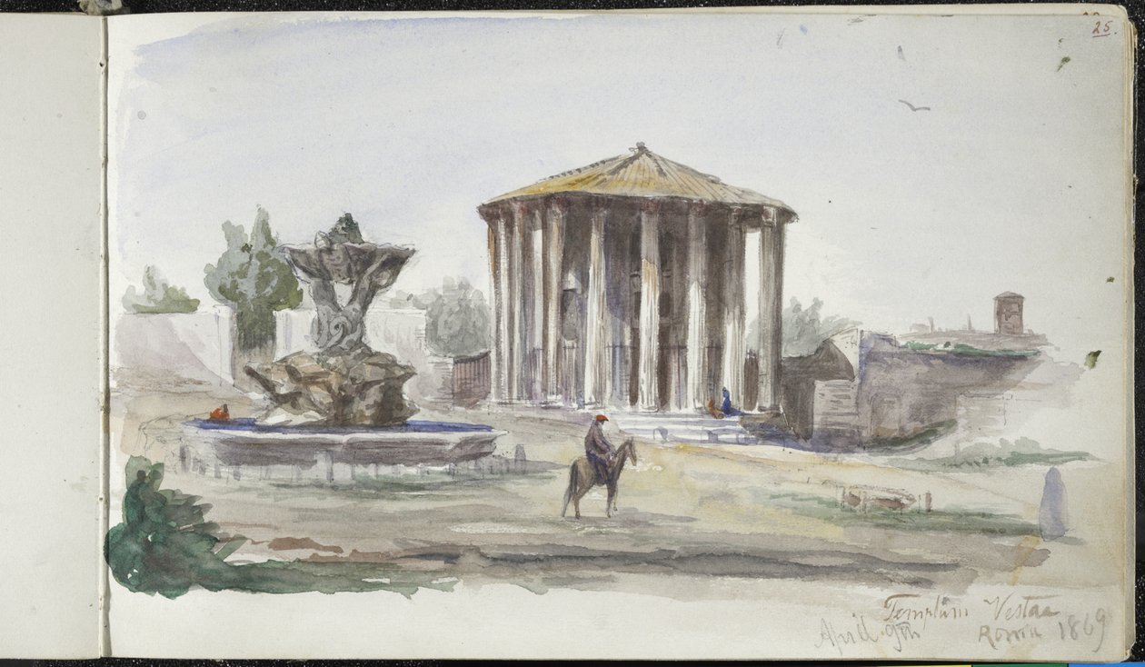 Pejzaż z figurami, Templum Vestas, Rzym, 9 kwietnia 1869 (akwarela na graficie na papierze tkanym w kolorze złamanej bieli) autorstwa John Singer Sargent