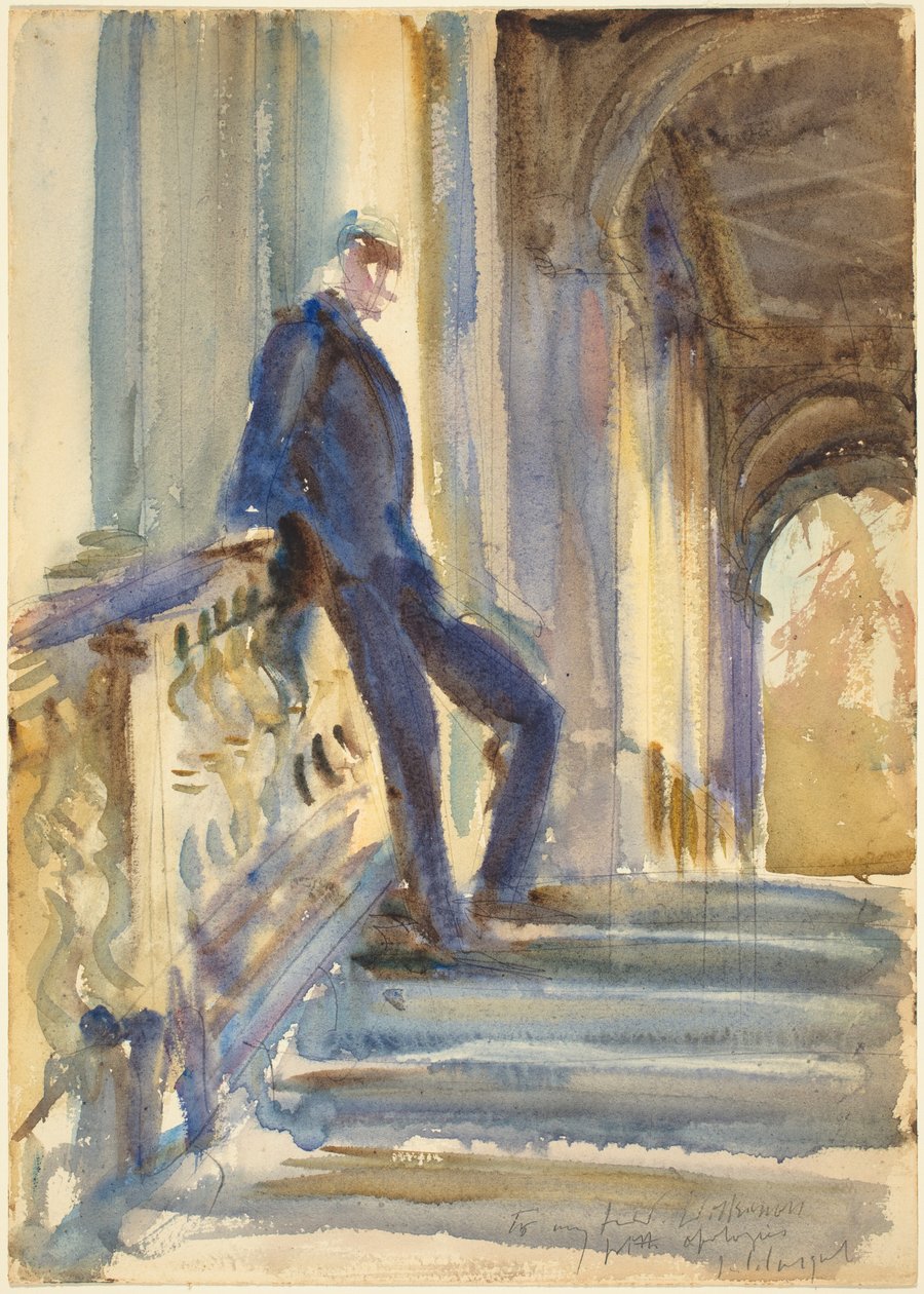 Sir Neville Wilkinson na schodach mostu Palladian w Wilton House autorstwa John Singer Sargent