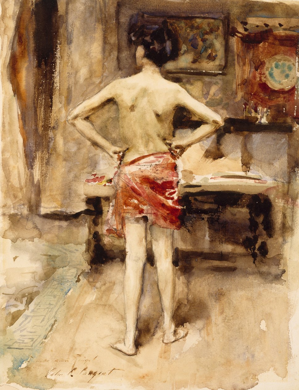 Model, 1876 (wc nad grafitowym ołówkiem na tkanym papierze) autorstwa John Singer Sargent
