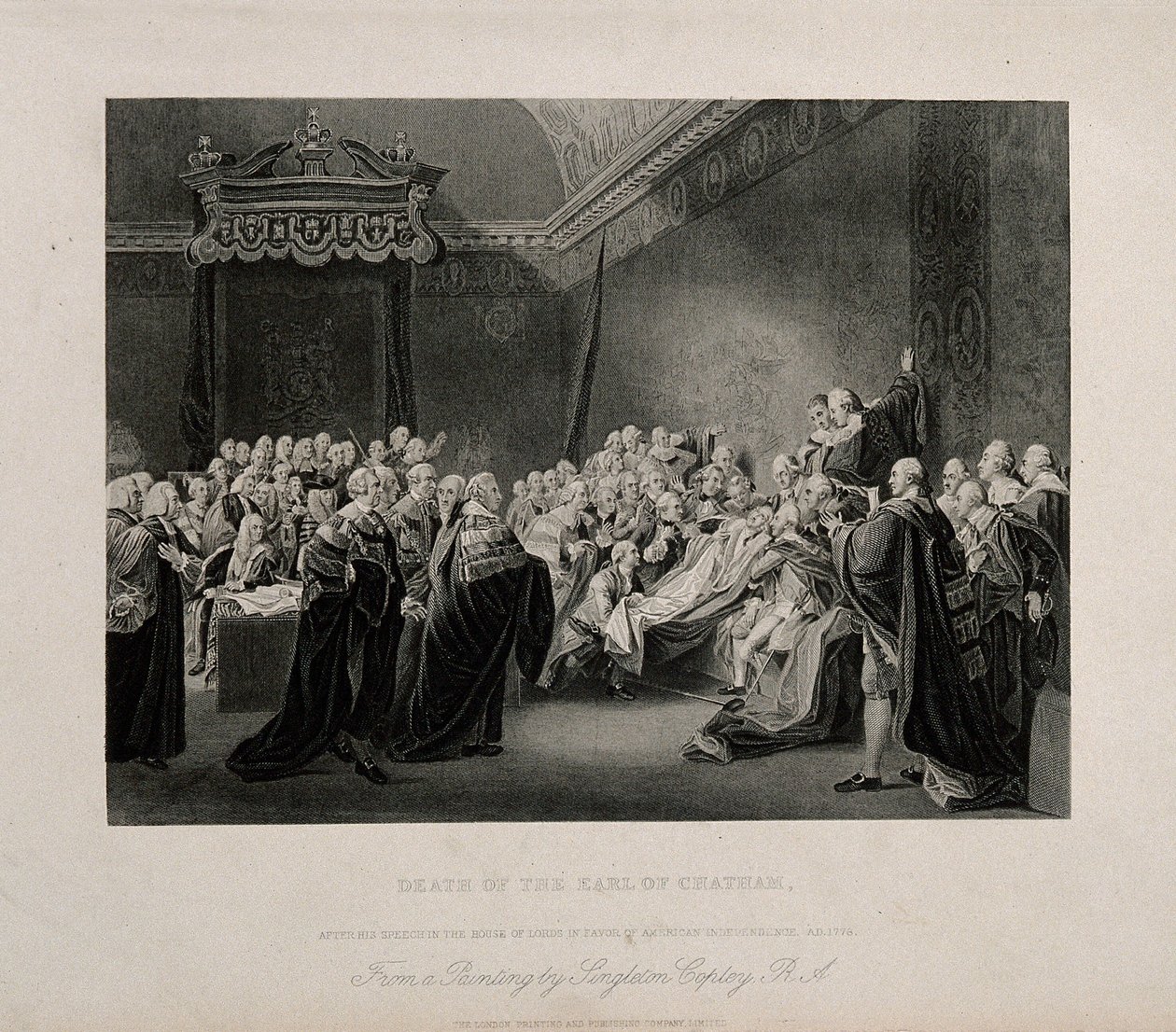 Śmierć Williama Pitta, lorda Chathama, w Izbie Wyższej Pałacu Westminsterskiego, 1778 r. Rycina według obrazu J. Copleya, 1779 r. autorstwa John Singleton Copley
