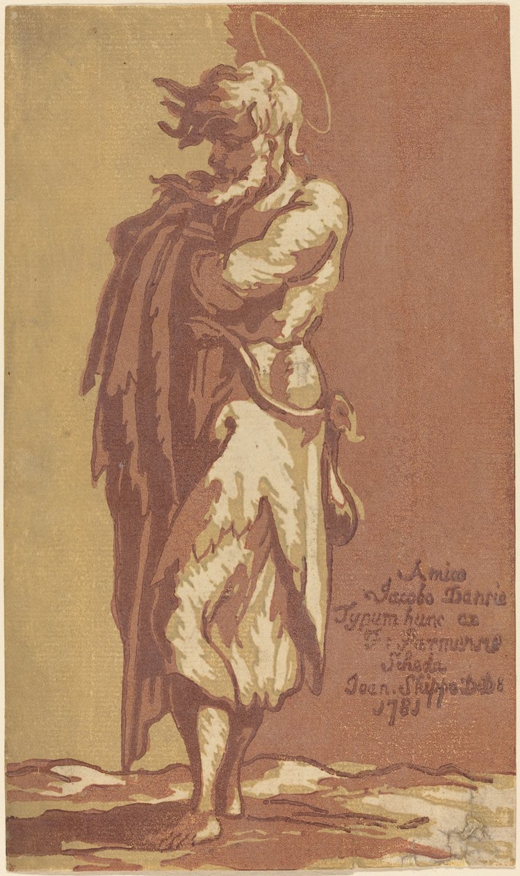 Stojący mężczyzna święty, ze złożonymi ramionami, zwrócony w lewo autorstwa John Skippe after Parmigianino
