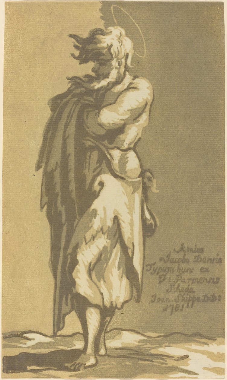 Stojący mężczyzna święty, ze złożonymi ramionami, zwrócony w lewo autorstwa John Skippe after Parmigianino