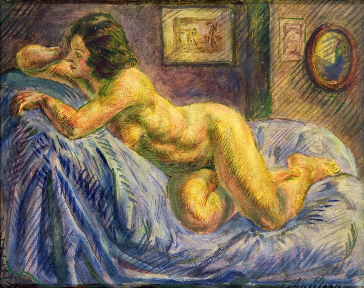 Akt na niebieskim tle (olej na panelu) autorstwa John Sloan