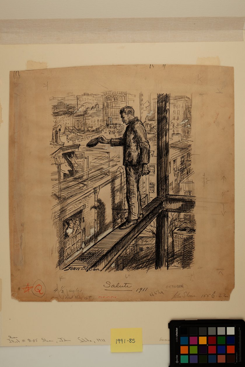 Salute, ok. 1911 r. (atrament, węgiel drzewny i biała farba cynkowa na papierze) autorstwa John French Sloan