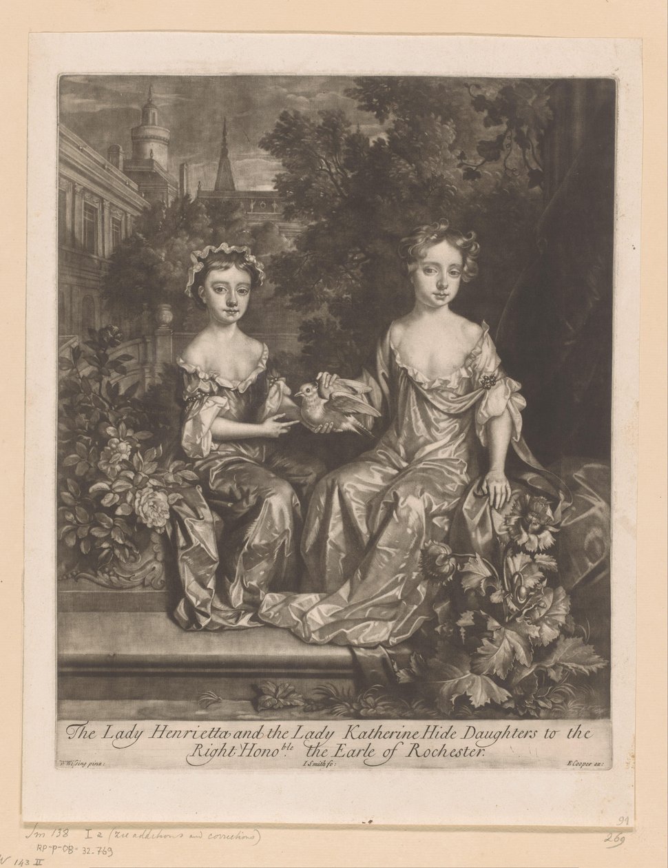 Portret van Henrietty i Katherine Hyde spotkał een duif Lady Henrietta i Lady Katherine ukrywają córki hrabia Rochester (tytuł na obiekcie) autorstwa John Smith