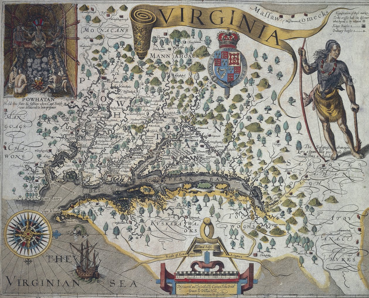 Mapa Wirginii: wstawka (na górze po lewej) przedstawiająca wnętrze chaty indyjskiego wodza Powhatana, autorstwa Johna Smitha (1580-1631) autorstwa John Smith