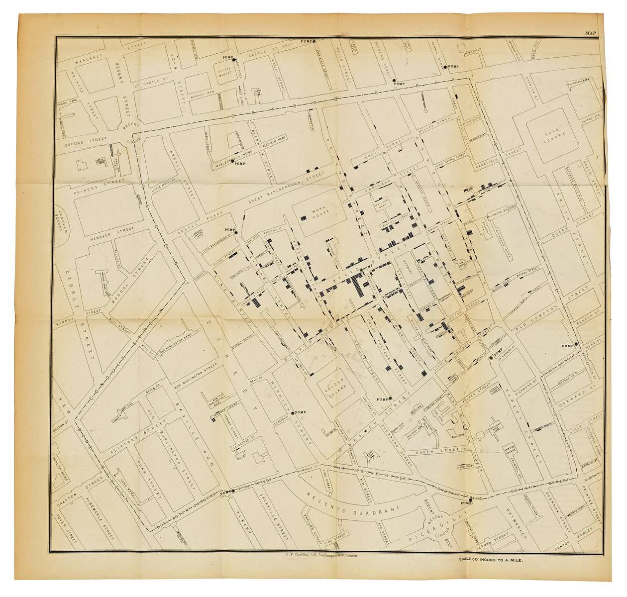 Mapa z „O sposobie porozumiewania się cholery”, 1855 autorstwa John Snow