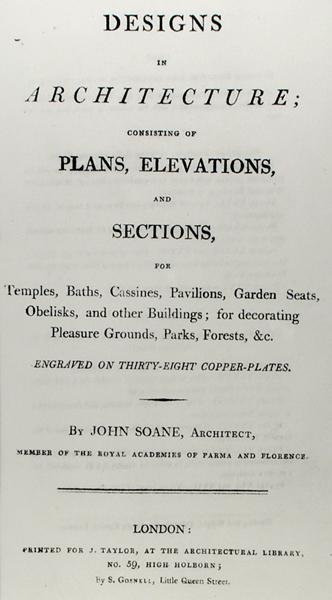 Frontyspis „Projekty w architekturze, składający się z planów, elewacji i przekrojów”, opublikowany 1797 (rycina) autorstwa John Soane